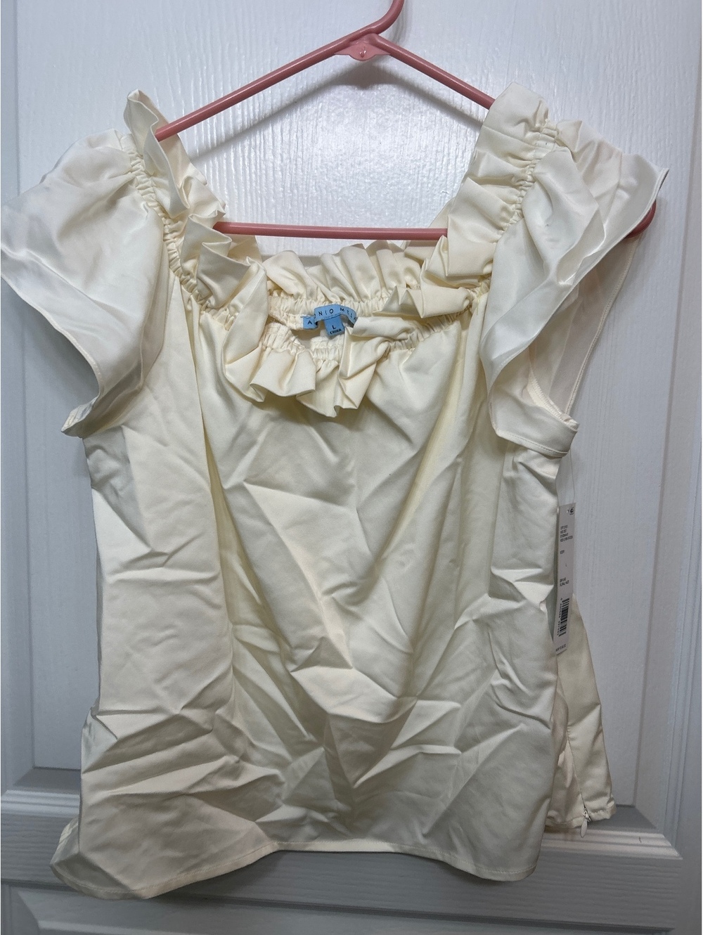 Antonio Melani Ivory Satin Blouse with Ruffle Detail, Size Large